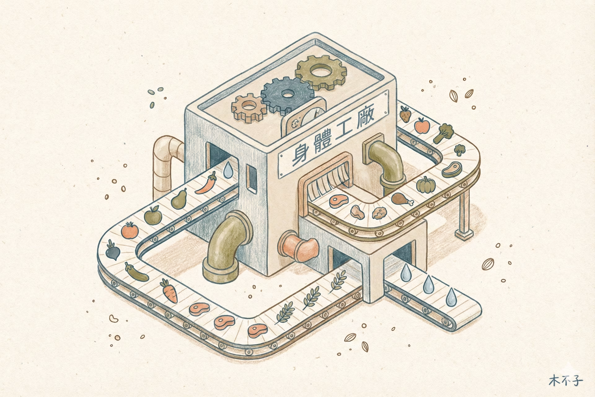 六大類食物 擬人化「身體工廠」概念圖,展現營養核心任務。